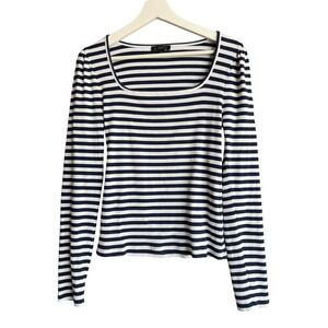 J.Crew Womens Navy Blue White Striped Ribbed Square Neck Puff Sleeve Top Size L